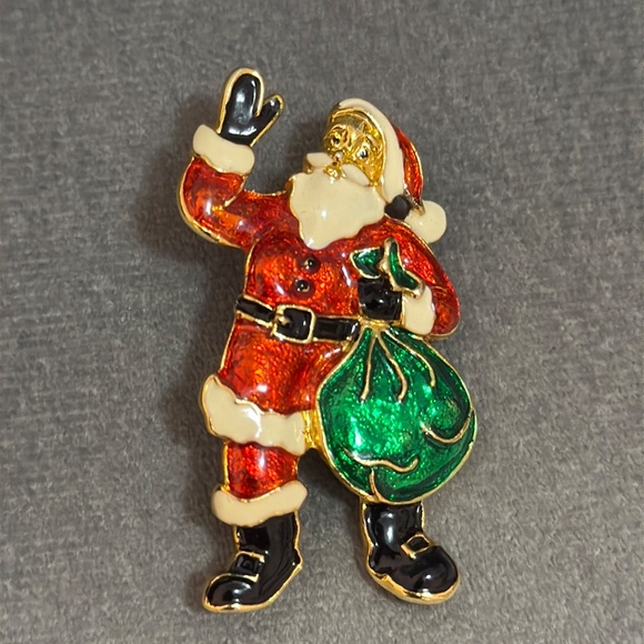 Vintage Gold Tone Merry Christmas Holiday Santa Claus Enamel Brooch Pin - Picture 3 of 10